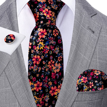 Colorful Novelty Flower Silk Tie, Pocket Square and Cufflinks Set tie sets    - Sophisticated Gentlemen