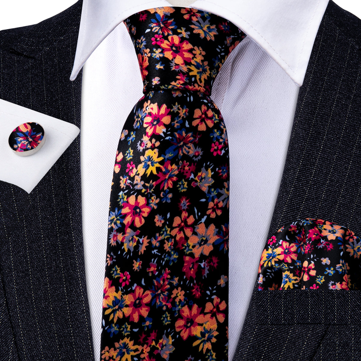 Colorful Novelty Flower Silk Tie, Pocket Square and Cufflinks Set tie sets    - Sophisticated Gentlemen