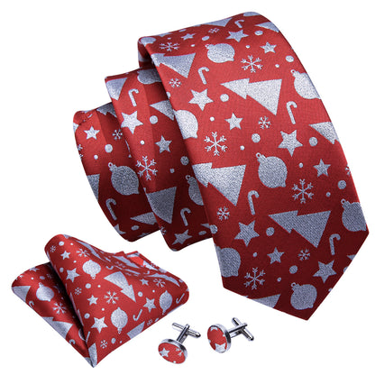 Crimson Red & Silver Christmas Tie, Pocket Square, and Cufflinks Set tie sets - Sophisticated Gentlemen