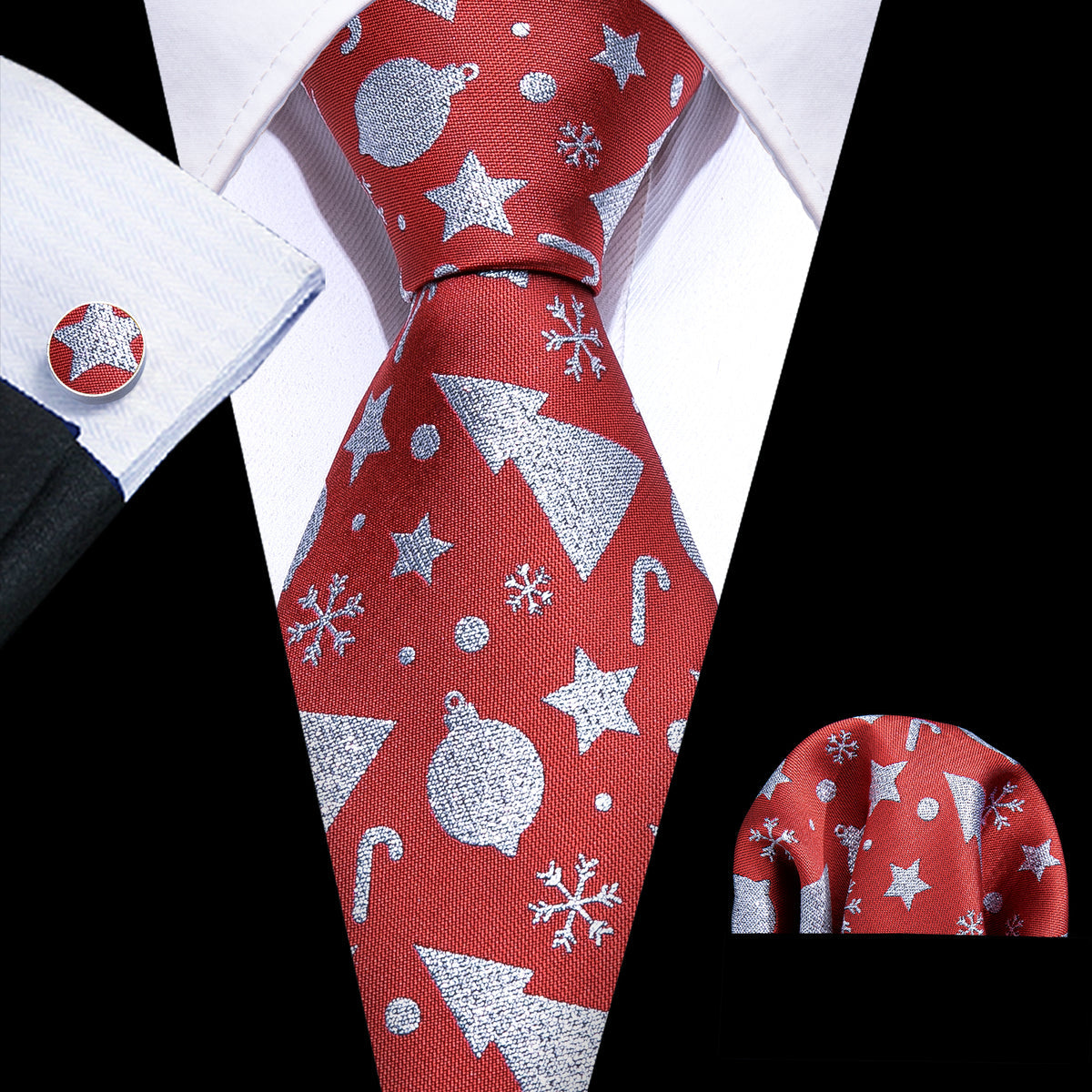 Crimson Red & Silver Christmas Tie, Pocket Square, and Cufflinks Set tie sets - Sophisticated Gentlemen