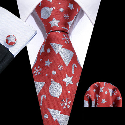 Crimson Red & Silver Christmas Tie, Pocket Square, and Cufflinks Set tie sets - Sophisticated Gentlemen