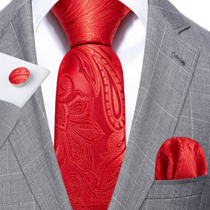 Red Paisley Silk Tie, Pocket Square and Cufflinks Set tie sets    - Sophisticated Gentlemen