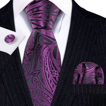 Purple Black Paisley Silk Tie, Pocket Square and Cufflinks Set tie sets    - Sophisticated Gentlemen