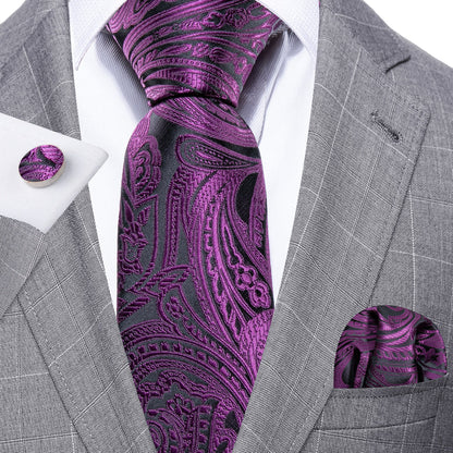 Purple Black Paisley Silk Tie, Pocket Square and Cufflinks Set tie sets    - Sophisticated Gentlemen