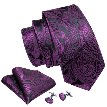 Purple Black Paisley Silk Tie, Pocket Square and Cufflinks Set tie sets    - Sophisticated Gentlemen