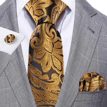 Golden Paisley Silk Tie, Pocket Square and Cufflinks Set tie sets    - Sophisticated Gentlemen