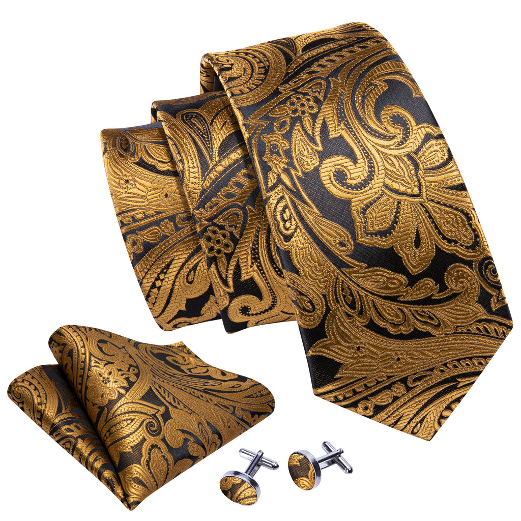 Golden Paisley Silk Tie, Pocket Square and Cufflinks Set tie sets    - Sophisticated Gentlemen