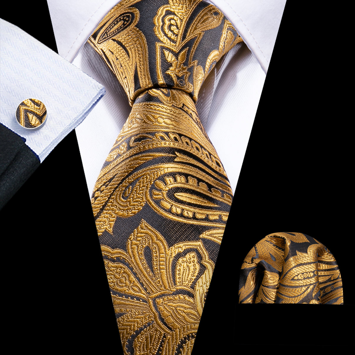 Golden Paisley Silk Tie, Pocket Square and Cufflinks Set tie sets    - Sophisticated Gentlemen