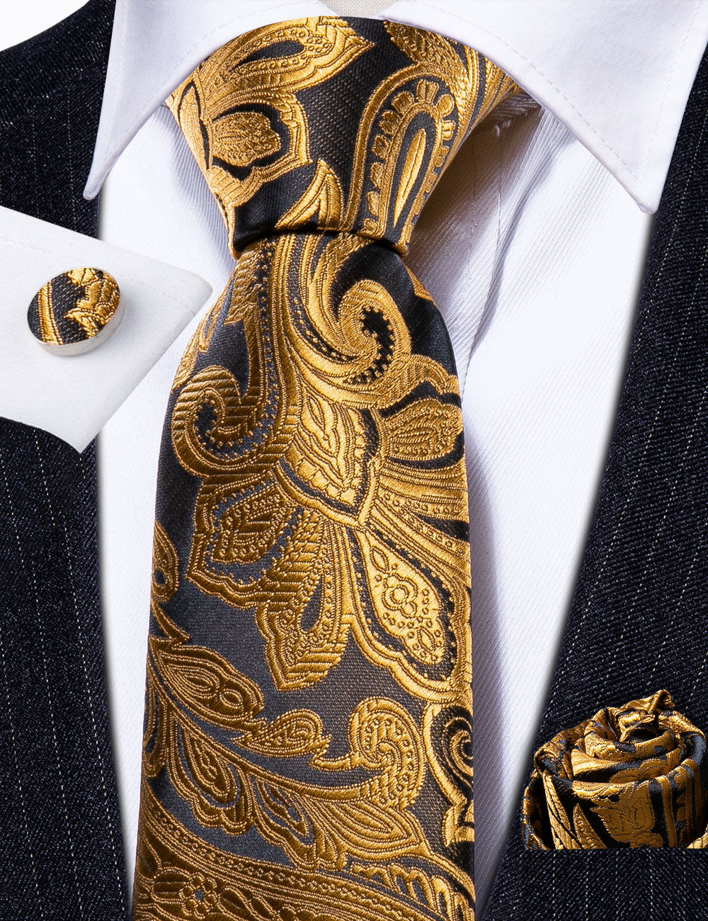 Golden Paisley Silk Tie, Pocket Square and Cufflinks Set tie sets    - Sophisticated Gentlemen
