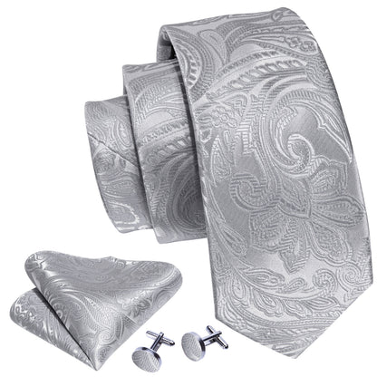 Silver Paisley Silk Tie, Pocket Square and Cufflinks Set tie sets    - Sophisticated Gentlemen