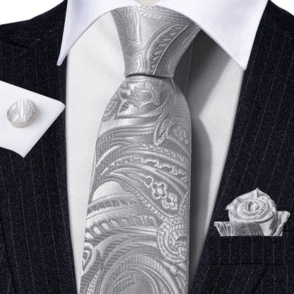 Silver Paisley Silk Tie, Pocket Square and Cufflinks Set tie sets    - Sophisticated Gentlemen