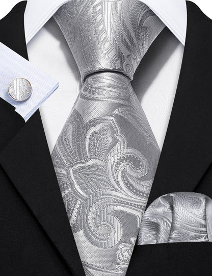 Silver Paisley Silk Tie, Pocket Square and Cufflinks Set tie sets    - Sophisticated Gentlemen