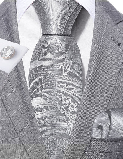 Silver Paisley Silk Tie, Pocket Square and Cufflinks Set tie sets    - Sophisticated Gentlemen