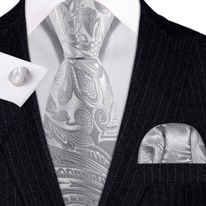 Silver Paisley Silk Tie, Pocket Square and Cufflinks Set tie sets    - Sophisticated Gentlemen