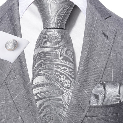 Silver Paisley Silk Tie, Pocket Square and Cufflinks Set tie sets    - Sophisticated Gentlemen
