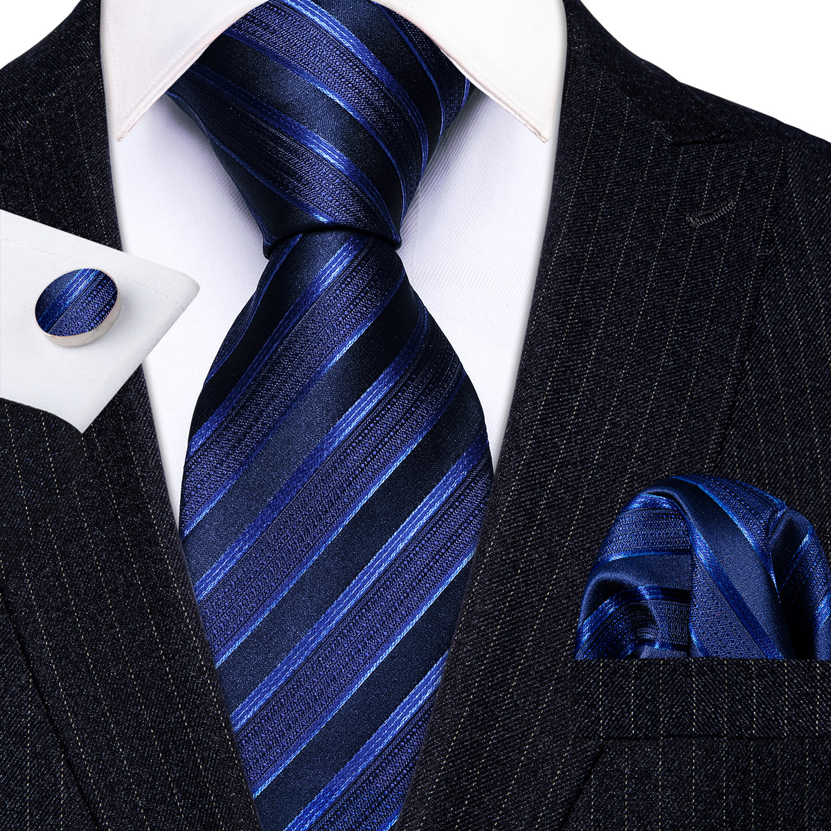 Blue Classy Striped Tie, Pocket Square and Cufflinks Set tie sets    - Sophisticated Gentlemen