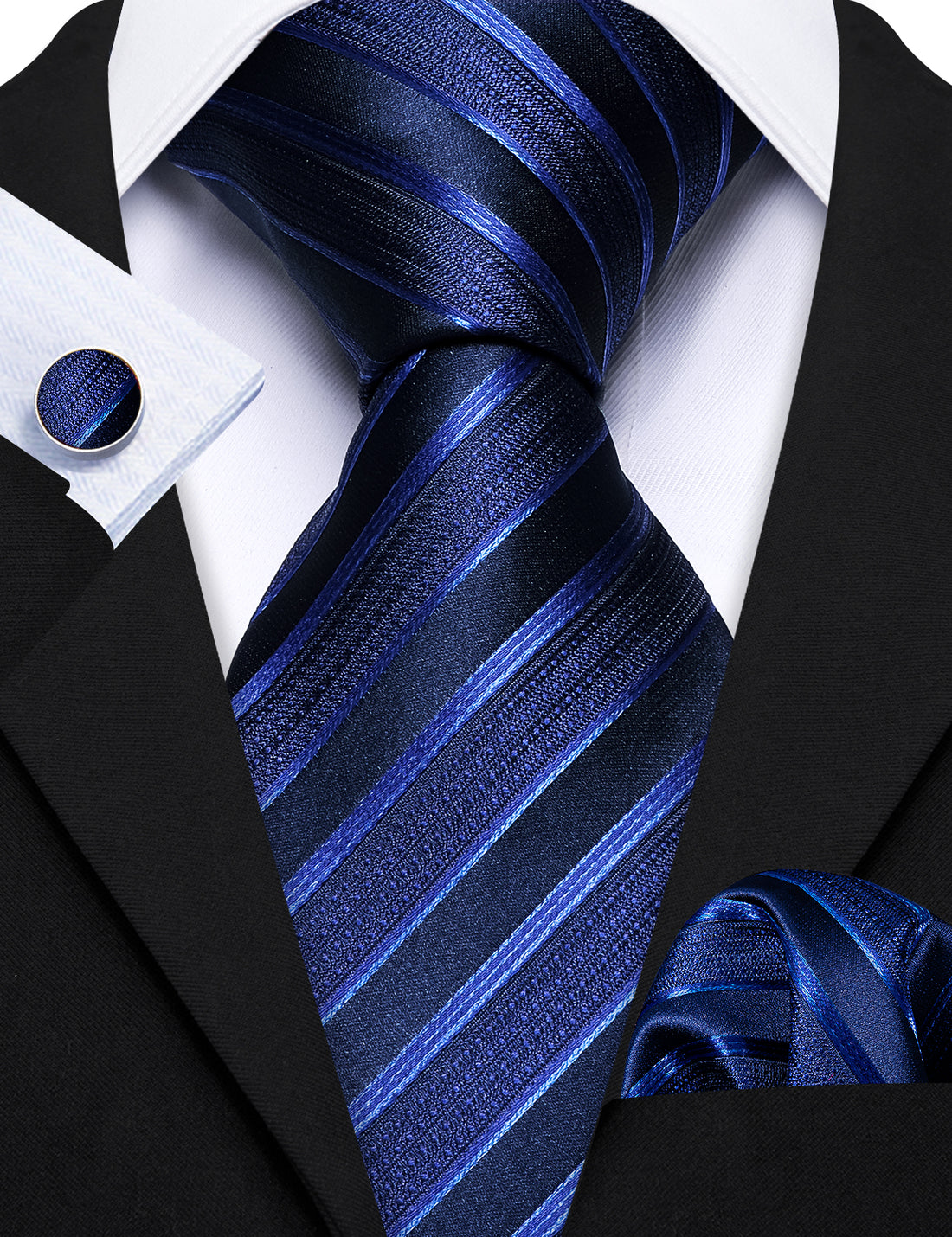 Blue Classy Striped Tie, Pocket Square and Cufflinks Set tie sets    - Sophisticated Gentlemen