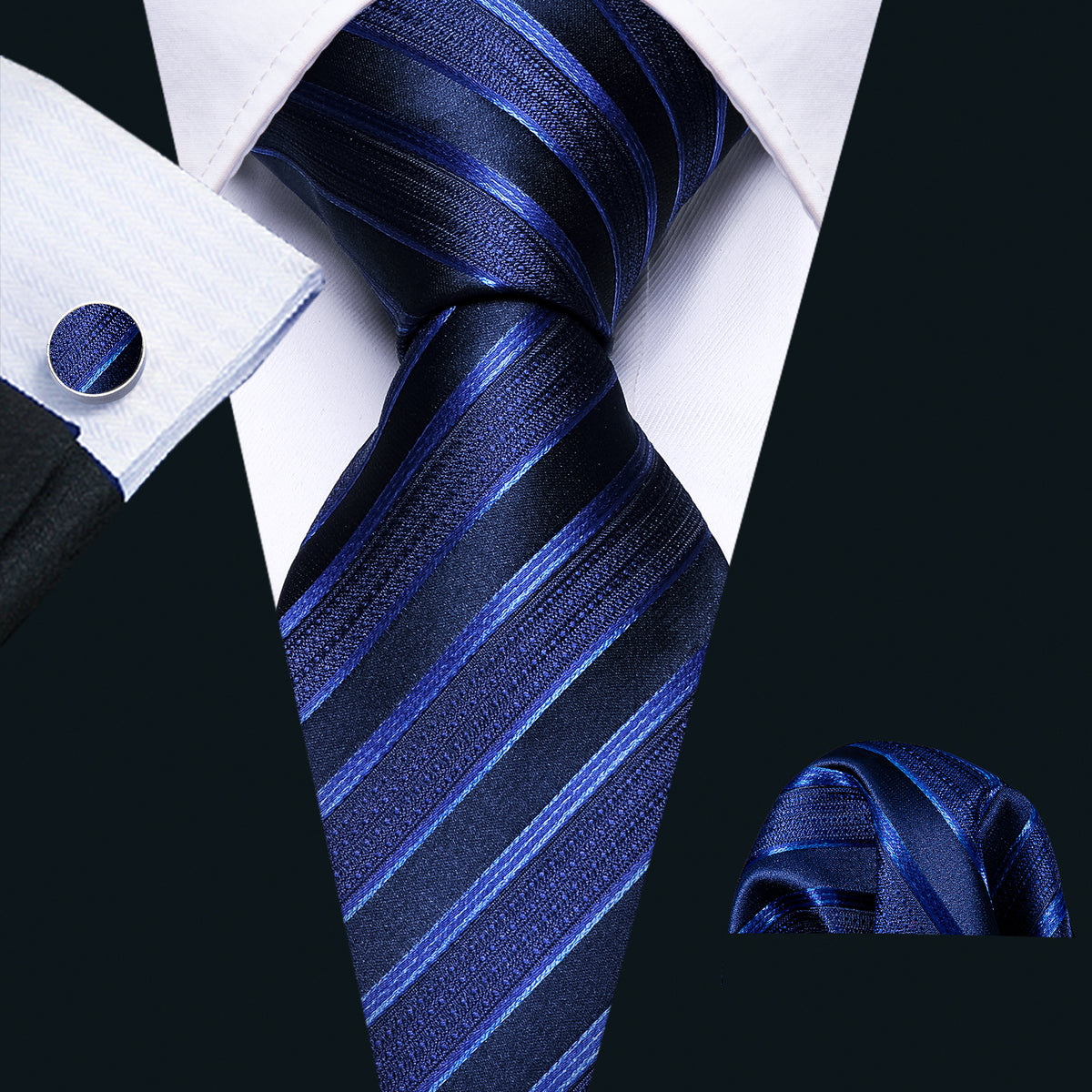 Blue Classy Striped Tie, Pocket Square and Cufflinks Set tie sets    - Sophisticated Gentlemen