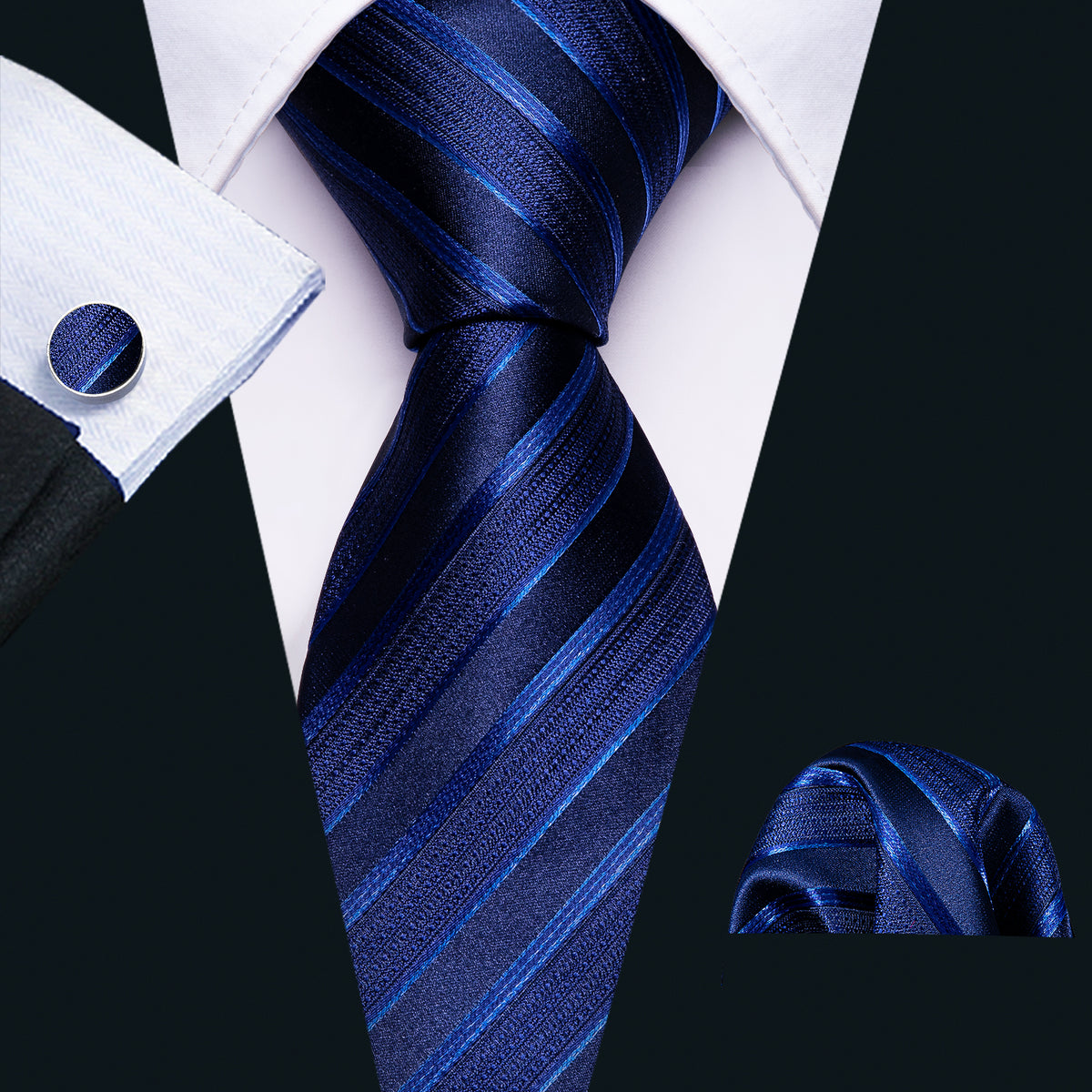 Blue Classy Striped Tie, Pocket Square and Cufflinks Set tie sets    - Sophisticated Gentlemen