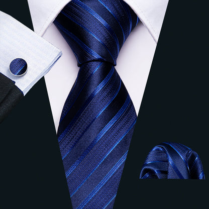 Blue Classy Striped Tie, Pocket Square and Cufflinks Set tie sets    - Sophisticated Gentlemen