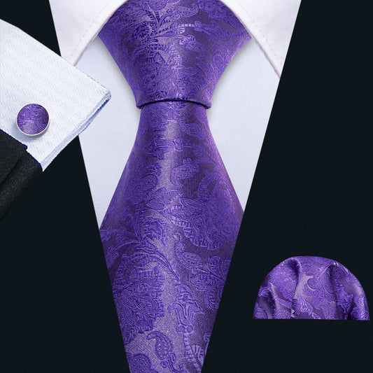 Purple Floral Silk XL Tie, Pocket Square and Cufflinks tie sets    - Sophisticated Gentlemen