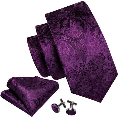 Dark Purple Floral Silk XL Tie, Pocket Square and Cufflinks tie sets    - Sophisticated Gentlemen