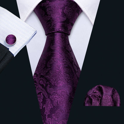 Dark Purple Floral Silk XL Tie, Pocket Square and Cufflinks tie sets    - Sophisticated Gentlemen