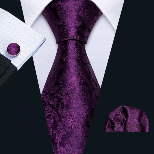 Dark Purple Floral Silk XL Tie, Pocket Square and Cufflinks tie sets    - Sophisticated Gentlemen