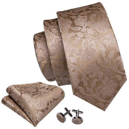 Light Brown Floral XL Tie, Pocket Square and Cufflinks tie sets    - Sophisticated Gentlemen