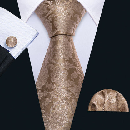 Light Brown Floral XL Tie, Pocket Square and Cufflinks tie sets    - Sophisticated Gentlemen