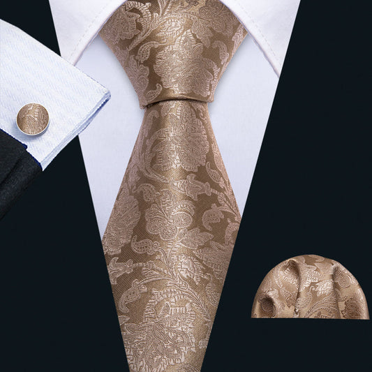 Light Brown Floral XL Tie, Pocket Square and Cufflinks tie sets    - Sophisticated Gentlemen