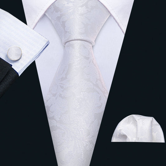 White Floral Silk XL Tie, Pocket Square and Cufflinks tie sets    - Sophisticated Gentlemen
