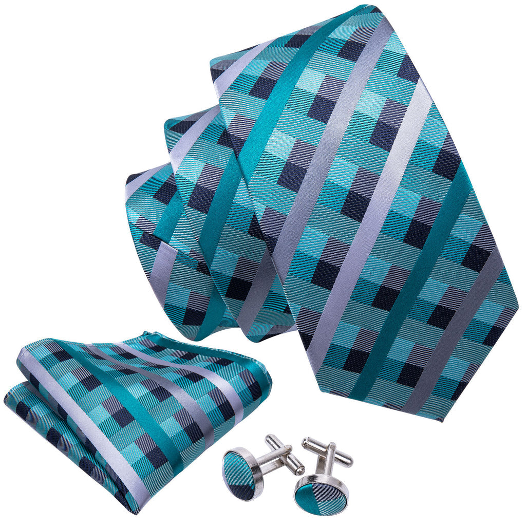 Blue Green Plaid Tie, Pocket Square and Cufflinks Set tie sets    - Sophisticated Gentlemen
