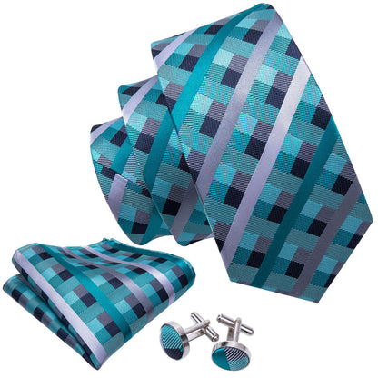 Blue Green Plaid Tie, Pocket Square and Cufflinks Set tie sets    - Sophisticated Gentlemen