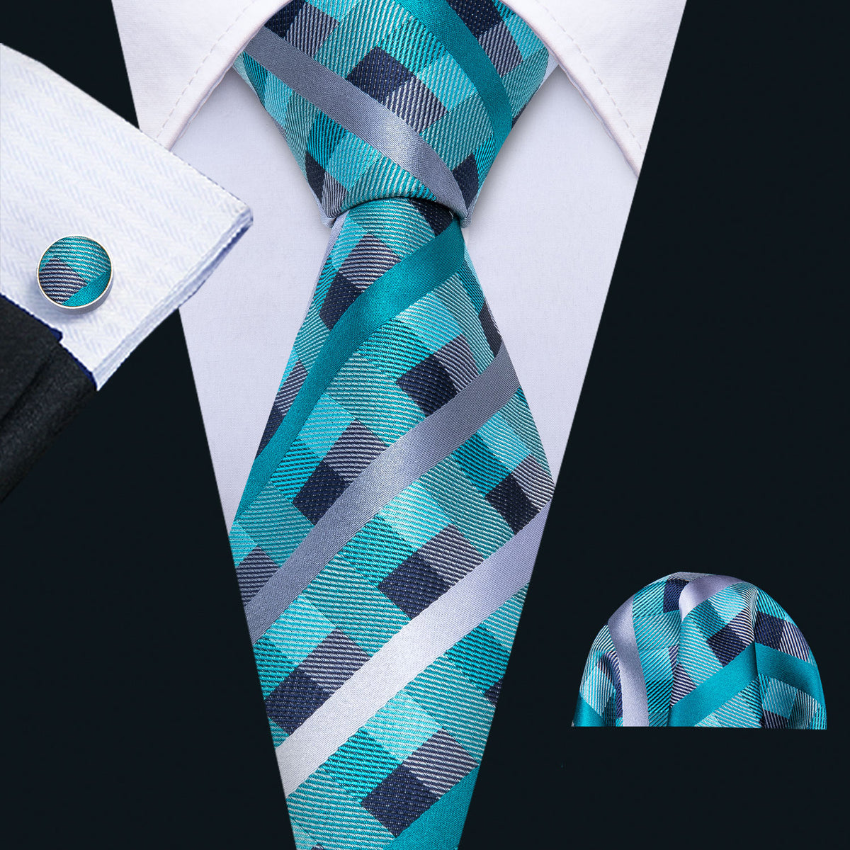 Blue Green Plaid Tie, Pocket Square and Cufflinks Set tie sets    - Sophisticated Gentlemen