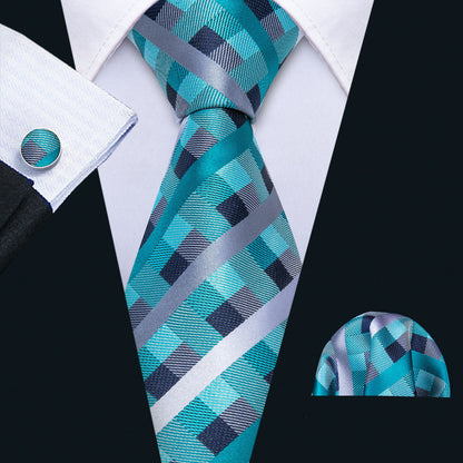 Blue Green Plaid Tie, Pocket Square and Cufflinks Set tie sets    - Sophisticated Gentlemen