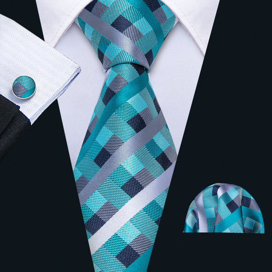 Blue Green Plaid Tie, Pocket Square and Cufflinks Set tie sets    - Sophisticated Gentlemen