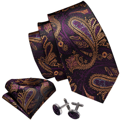 Yellow Purple Silk Tie, Pocket Square and Cufflinks Set tie sets    - Sophisticated Gentlemen