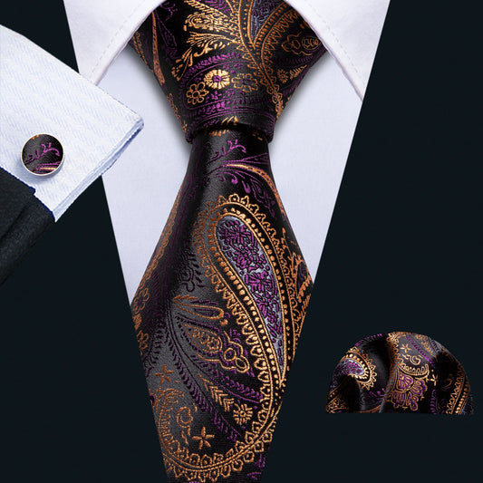 Yellow Purple Silk Tie, Pocket Square and Cufflinks Set tie sets    - Sophisticated Gentlemen