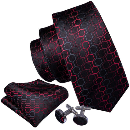 Black Red Geometric Plaid Silk Tie, Pocket Square and Cufflinks Set with Brooch tie sets    - Sophisticated Gentlemen