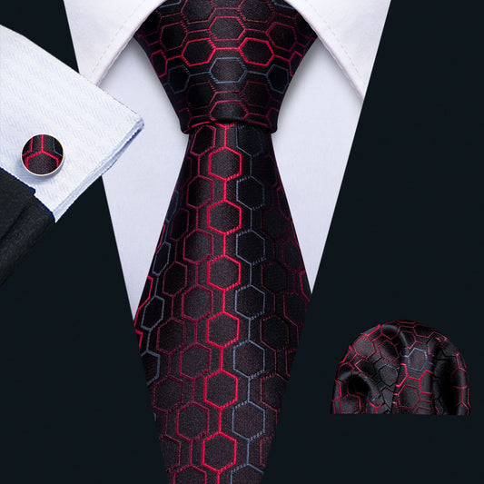Bold Black and Red Geometric Plaid Silk Tie Set with Pocket Square and Cufflinks tie sets - Sophisticated Gentlemen
