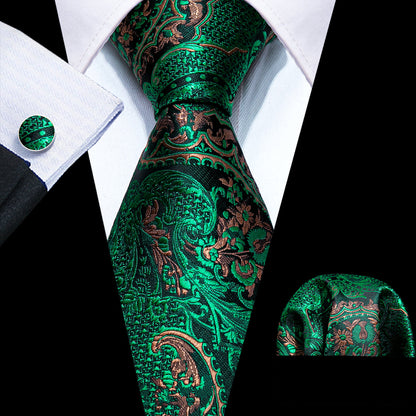 Green Brown Paisley Tie, Pocket Square and Cufflinks Set tie sets    - Sophisticated Gentlemen