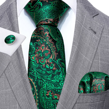 Green Brown Paisley Tie, Pocket Square and Cufflinks Set tie sets    - Sophisticated Gentlemen