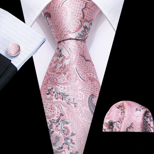 Elegant Silver and Pink Paisley Floral Silk Tie Set with Pocket Square and Cufflinks tie sets - Sophisticated Gentlemen