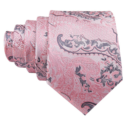 Elegant Silver and Pink Paisley Floral Silk Tie Set with Pocket Square and Cufflinks tie sets - Sophisticated Gentlemen