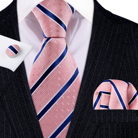 Coral Pink Blue Stripes Tie, Pocket Square and Cufflinks Set tie sets    - Sophisticated Gentlemen