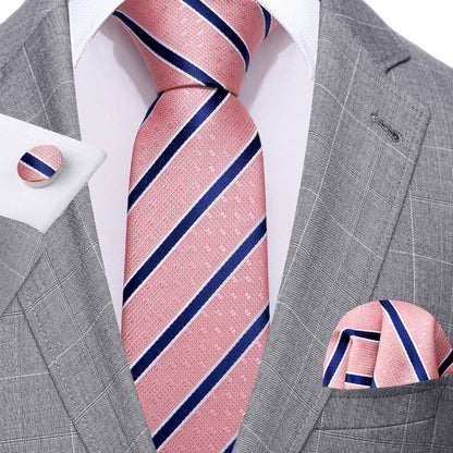 Coral Pink Blue Stripes Tie, Pocket Square and Cufflinks Set tie sets    - Sophisticated Gentlemen