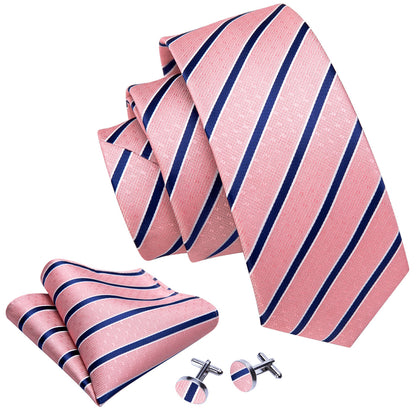 Coral Pink Blue Stripes Tie, Pocket Square and Cufflinks Set tie sets    - Sophisticated Gentlemen