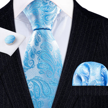 Light Blue Paisley Tie, Pocket Square and Cufflinks Set tie sets    - Sophisticated Gentlemen
