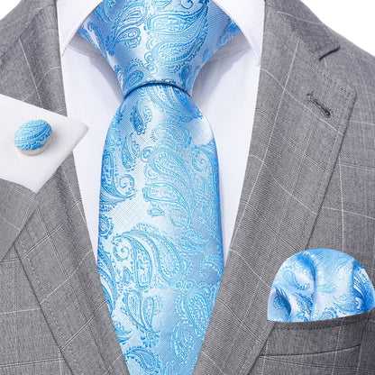 Light Blue Paisley Tie, Pocket Square and Cufflinks Set tie sets    - Sophisticated Gentlemen